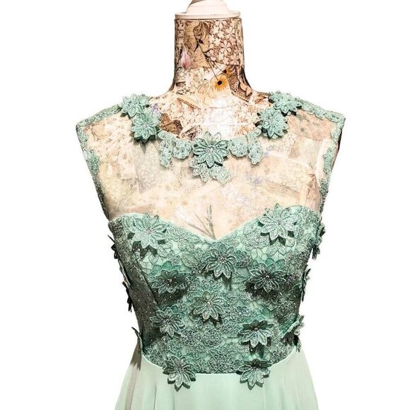 Formal Lt Green Rhinestones Floral Lace Sweetheart Bodice Long Gown Maxi Dress - Picture 10 of 15